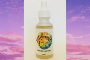 tincture bottle with text that reads "apocalypse potion" with a sky in sunset background