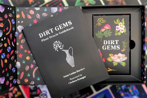 a deck of cards with the text "dirt gems" and some illustrations of plants alongside a vase with a leafy sprig and the text dirt gems plant oracle guidebook